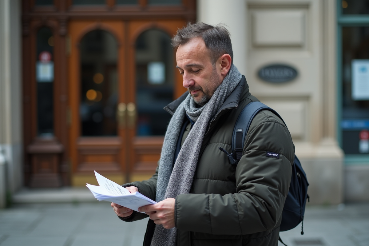 Homme vérifiant des papiers devant un bâtiment municipal