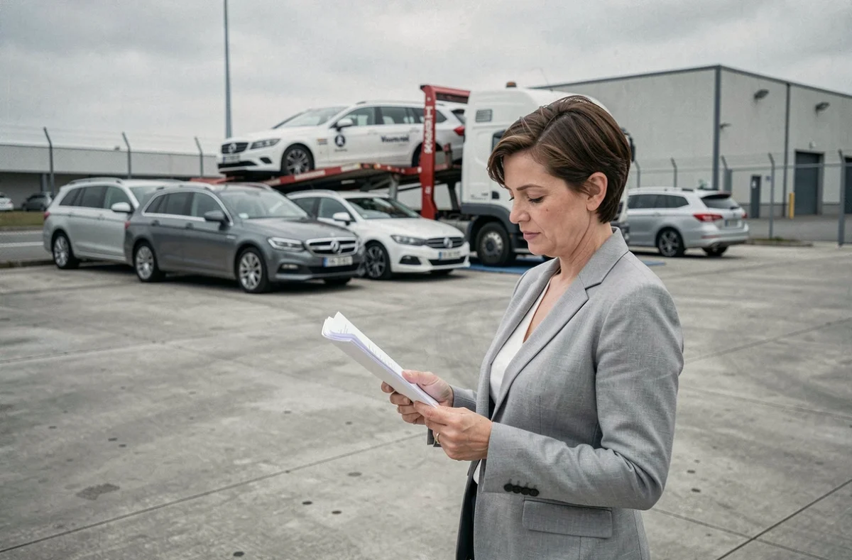 Une femme examine des documents d'importation devant un camion transportant des voitures allemandes dans un parc logistique