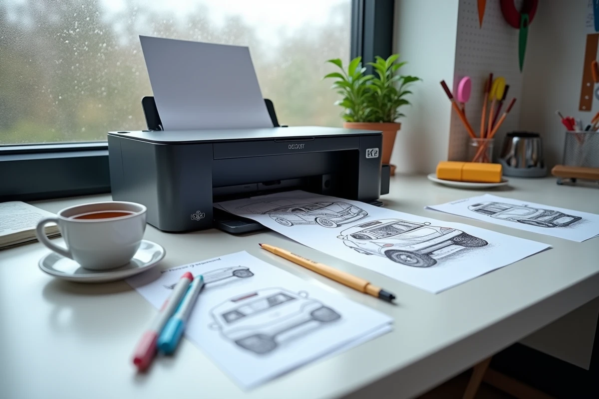 Imprimante à domicile imprimant un dessin de voiture à colorier avec des marqueurs et feuilles colorées sur le bureau