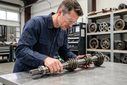 Ingénieur examinant un arbre de transmission dans un atelier mécanique industriel