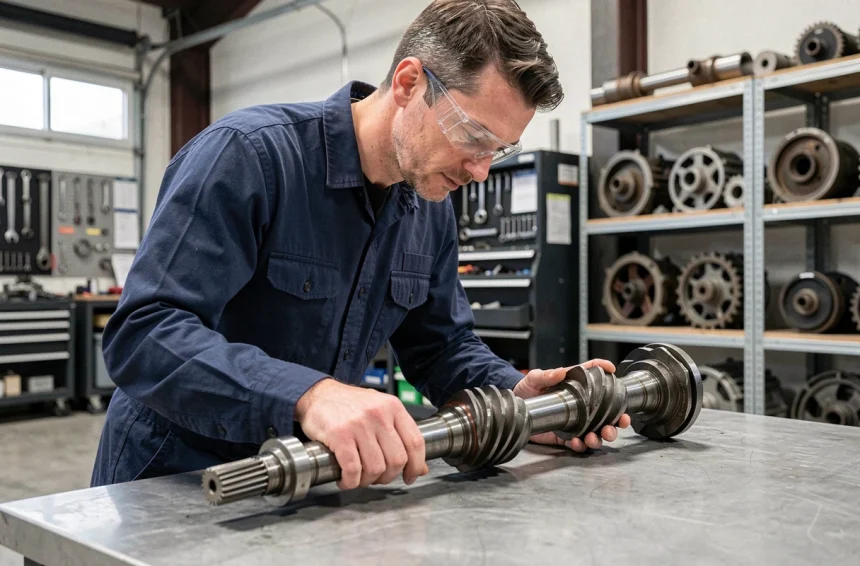 Ingénieur examinant un arbre de transmission dans un atelier mécanique industriel
