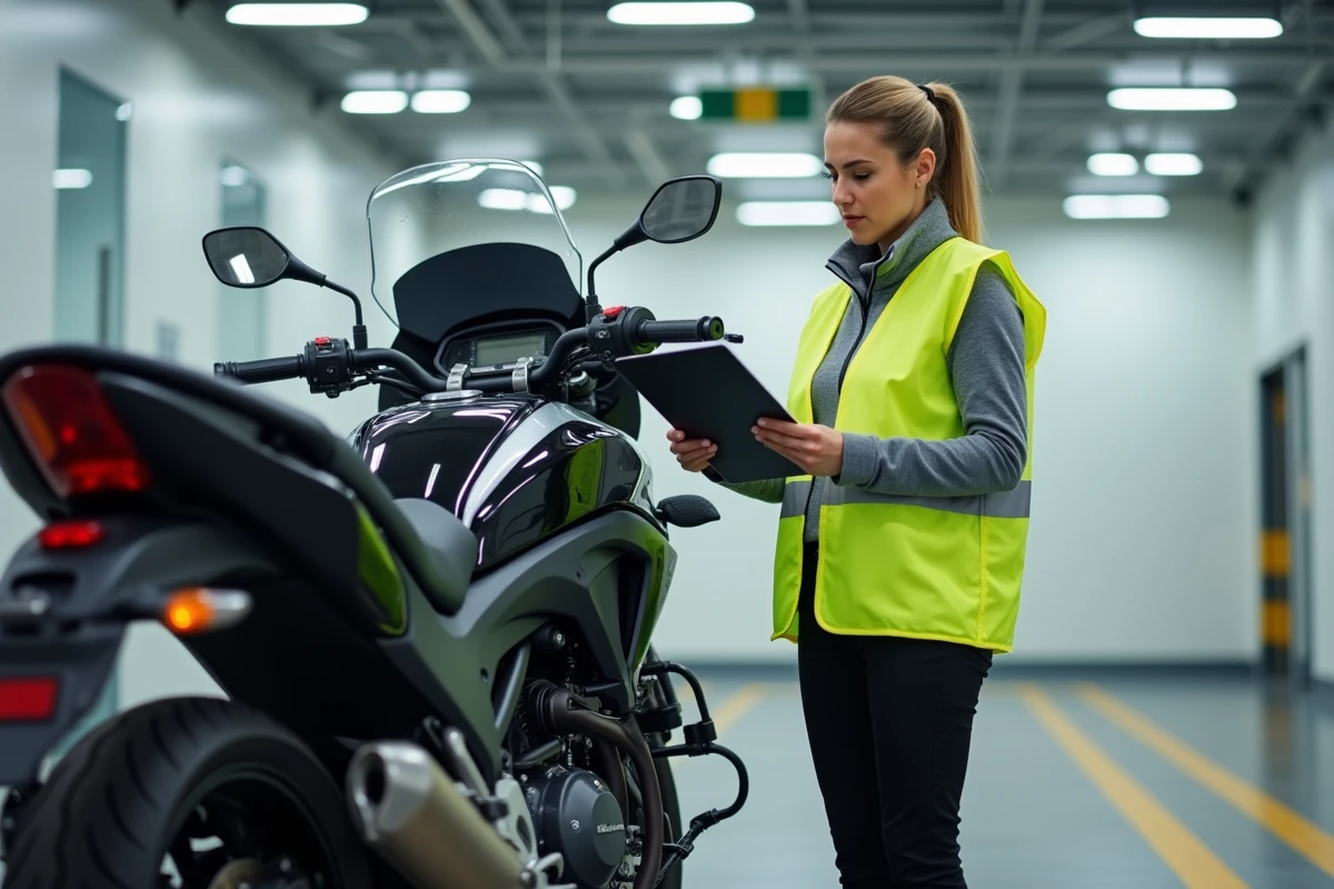 Inspectrice de contrôle technique examinant les pneus d'une moto dans un centre agréé