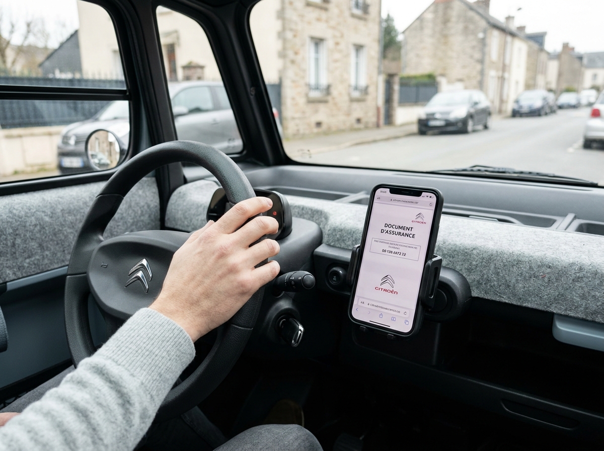 Intérieur minimaliste de la Citroën Ami avec un document d'assurance affiché sur smartphone fixé au tableau de bord