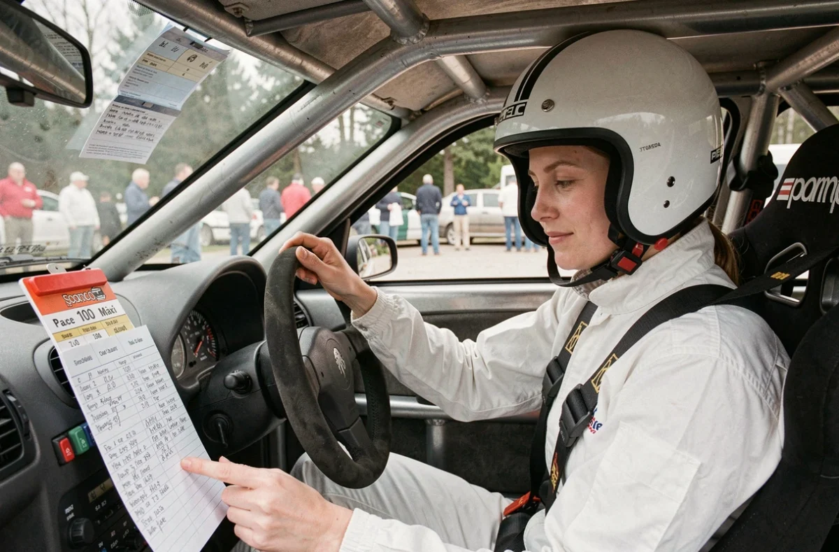 Intérieur cockpit d'une Peugeot 106 Maxi de rallye avec co-pilote féminine vérifiant les notes de passage