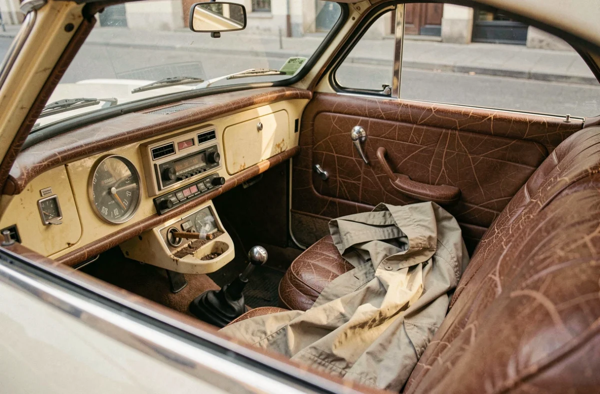 Intérieur usé de la Peugeot 403 de Columbo avec cigare dans le cendrier et imperméable sur le siège passager