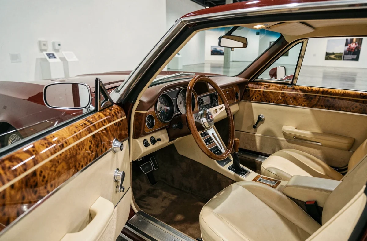 Intérieur de voiture de collection avec boiserie en ronce de noyer et tableau de bord artisanal poli