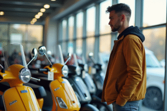 Jeune adulte choisissant un scooter dans un concessionnaire lumineux