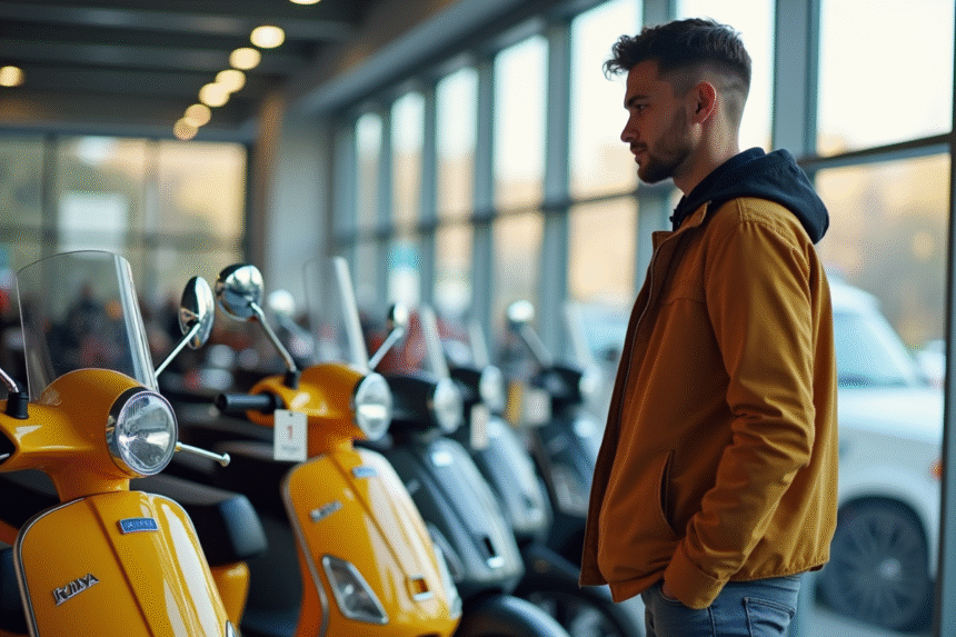 Jeune adulte choisissant un scooter dans un concessionnaire lumineux