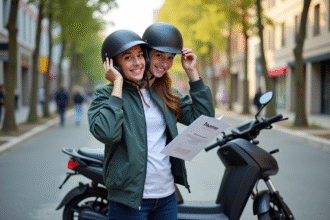 Jeune adulte mettant un casque à côté d'un scooter électrique en ville