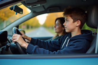 Jeune garçon au volant d'une voiture en conduite accompagnée