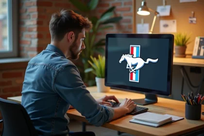 Jeune designer travaillant sur une tablette avec logo Ford Mustang