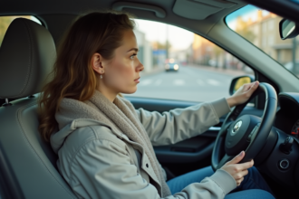 Jeune femme anxieuse au volant lors de son examen de conduite en ville