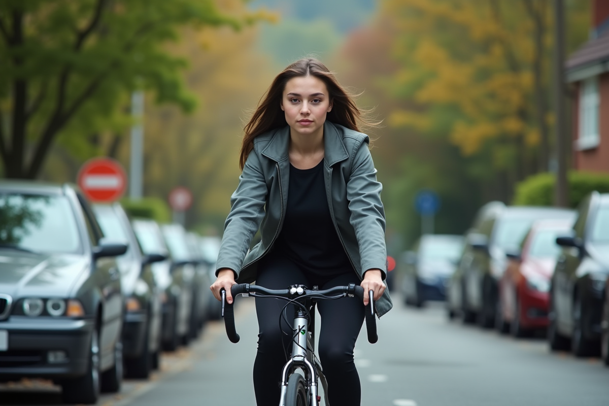 Jeune femme à vélo dans un quartier résidentiel calme