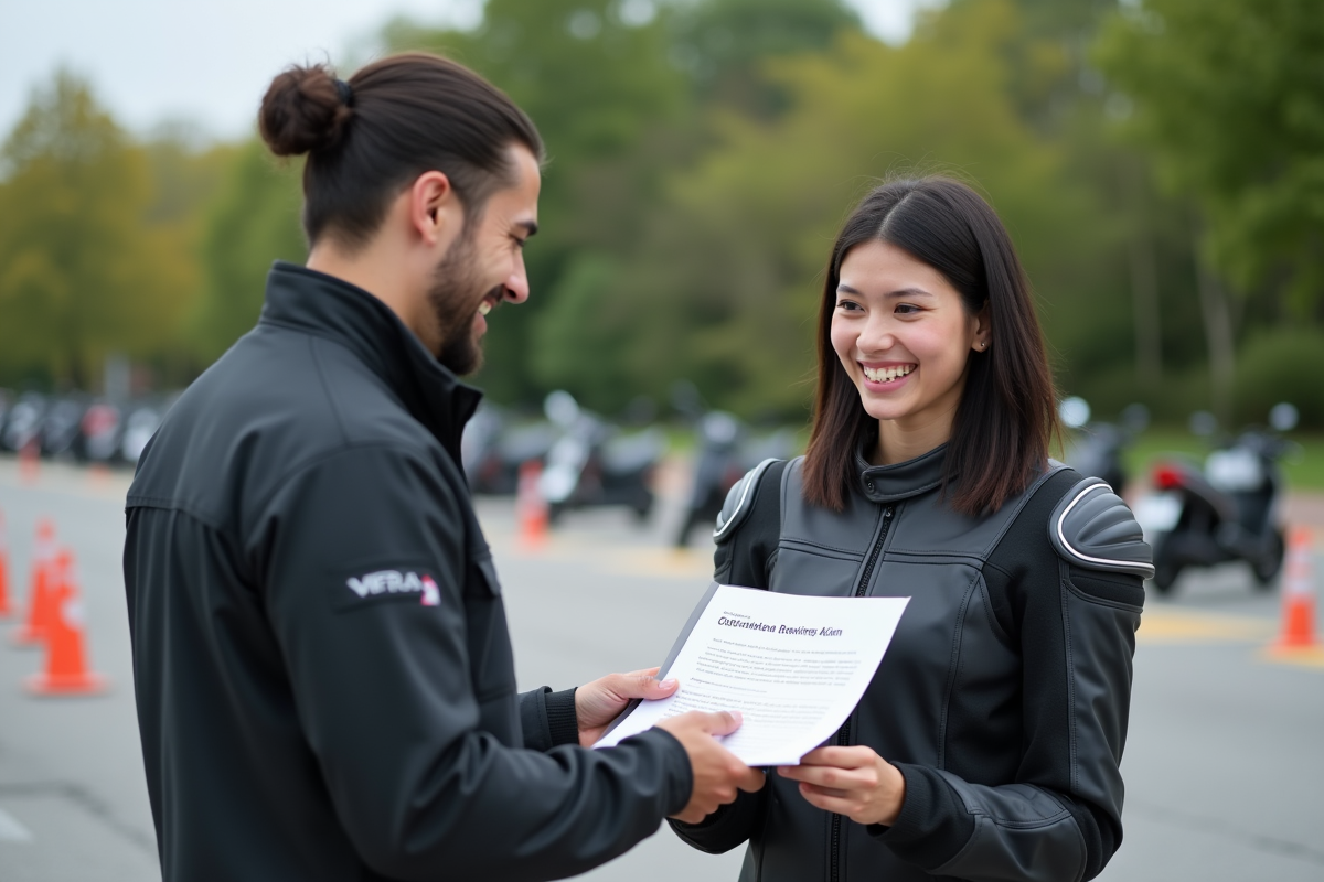 Jeune femme en formation moto avec instructeur