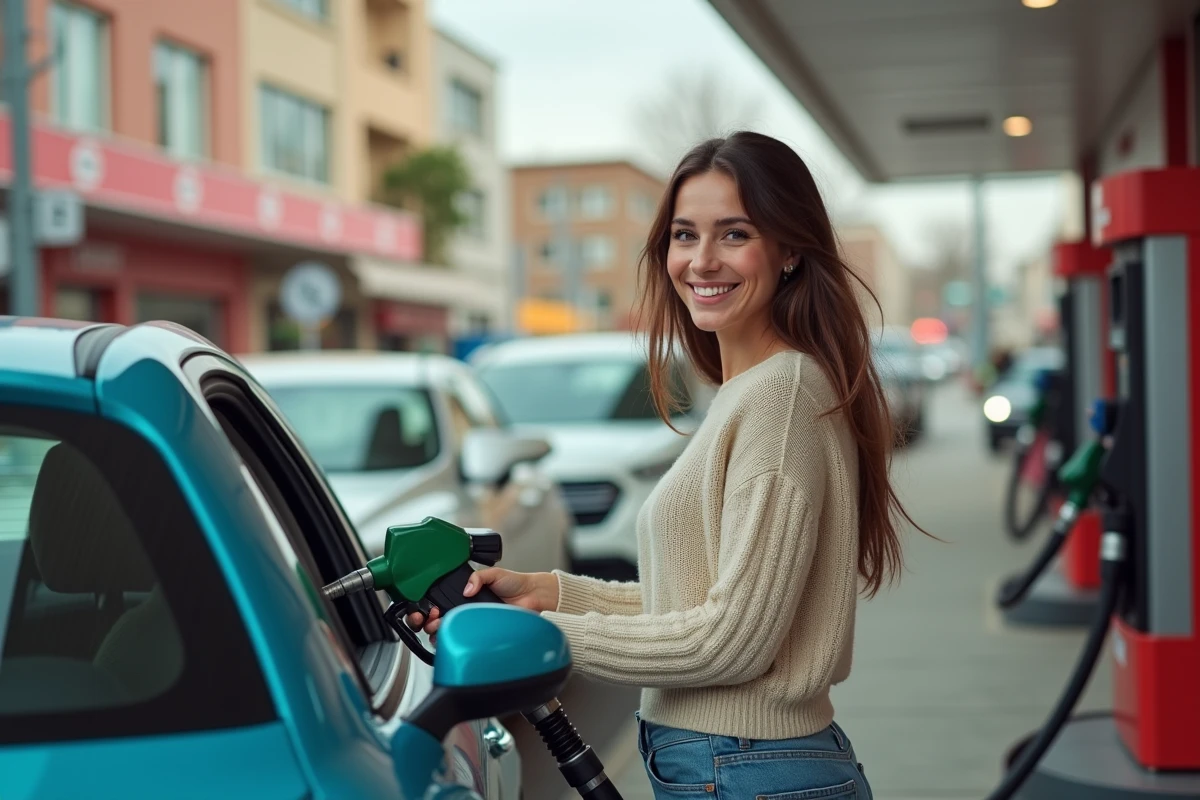 Jeune femme souriante faisant le plein dans une station urbaine