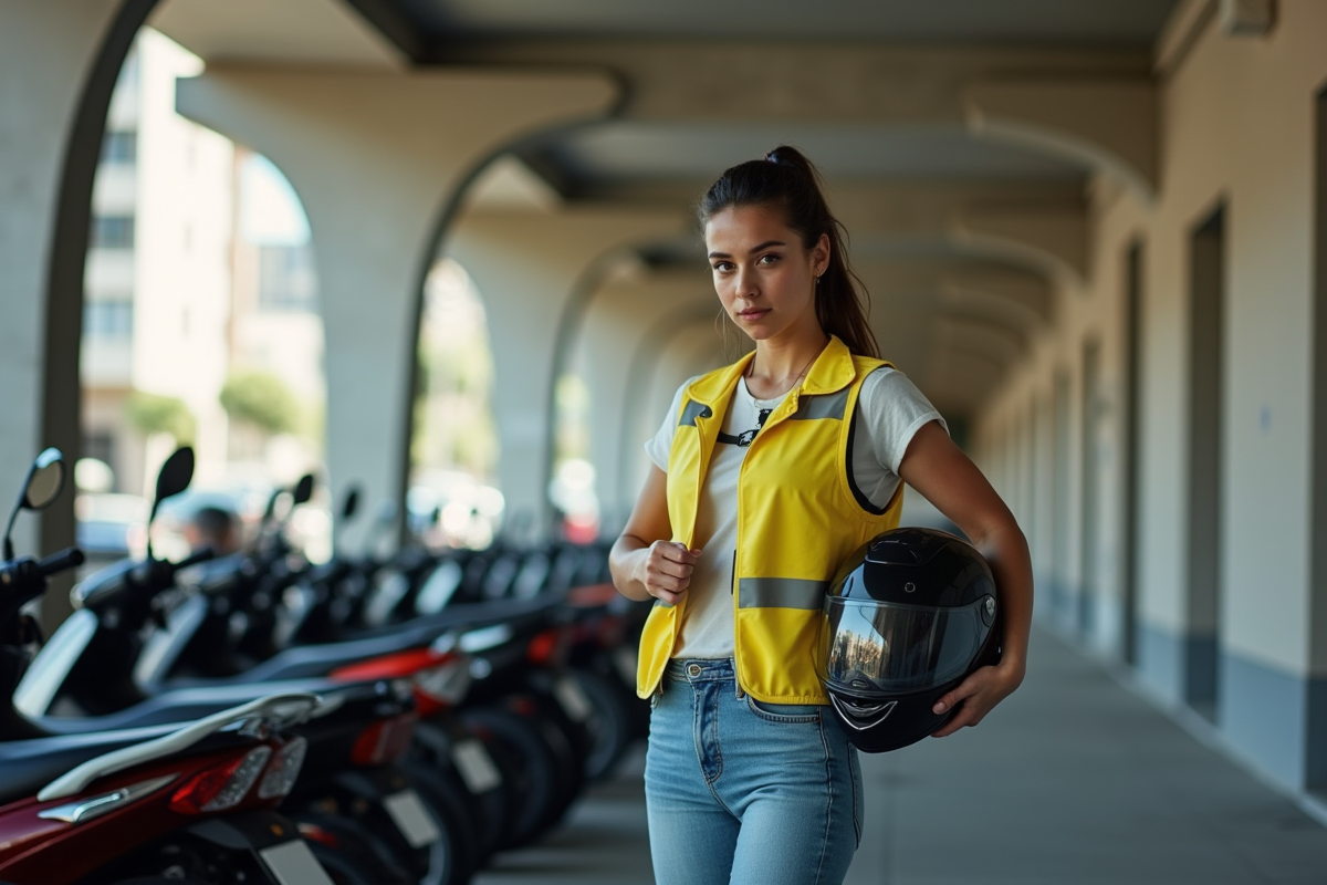 Jeune femme espagnole ajustant son casque près de motos en ville