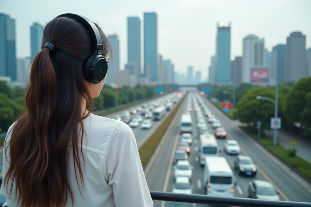 Jeune femme regardant la circulation depuis un pont urbain