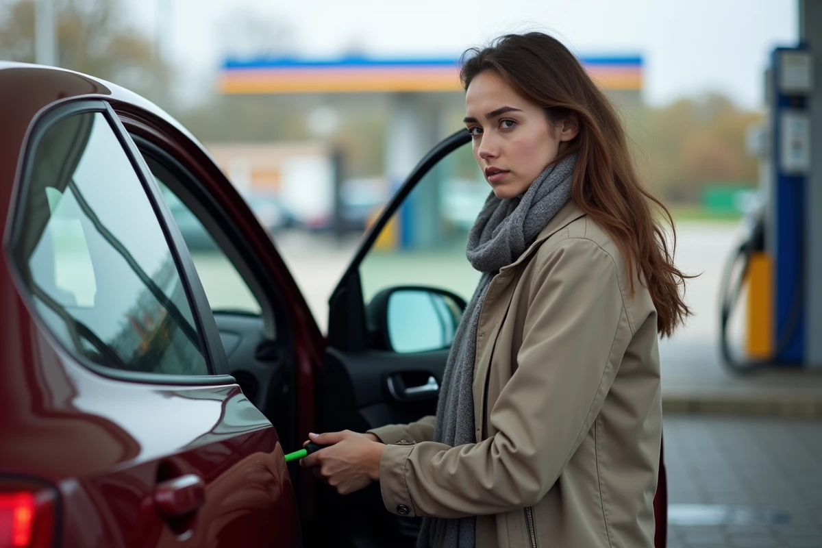 Jeune femme vérifiant le tableau de bord de sa voiture à la station
