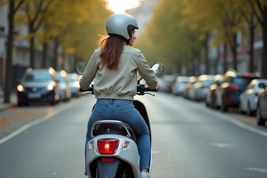 Jeune femme en scooter dans une rue urbaine en ville