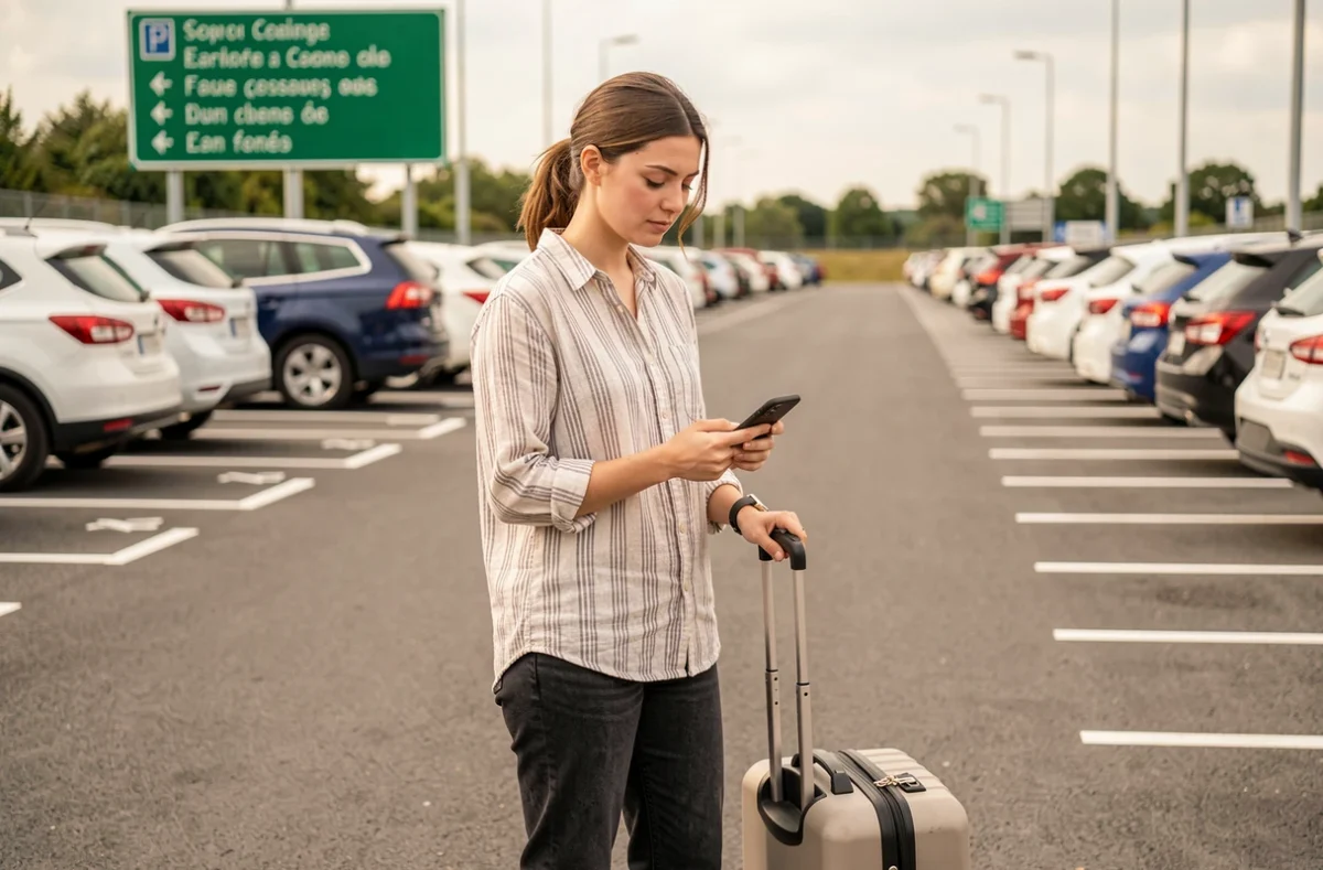 Jeune femme avec valise dans le parking de covoiturage Vinci Autoroutes à La Chapelle-Saint-Mesmin consultant son smartphone avant un départ en vacances