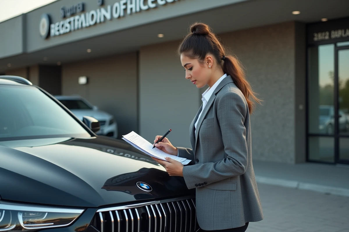 Jeune femme examine un document devant une voiture de luxe