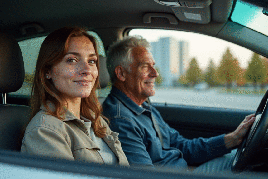 Jeune femme en voiture avec un homme dans un parking urbain