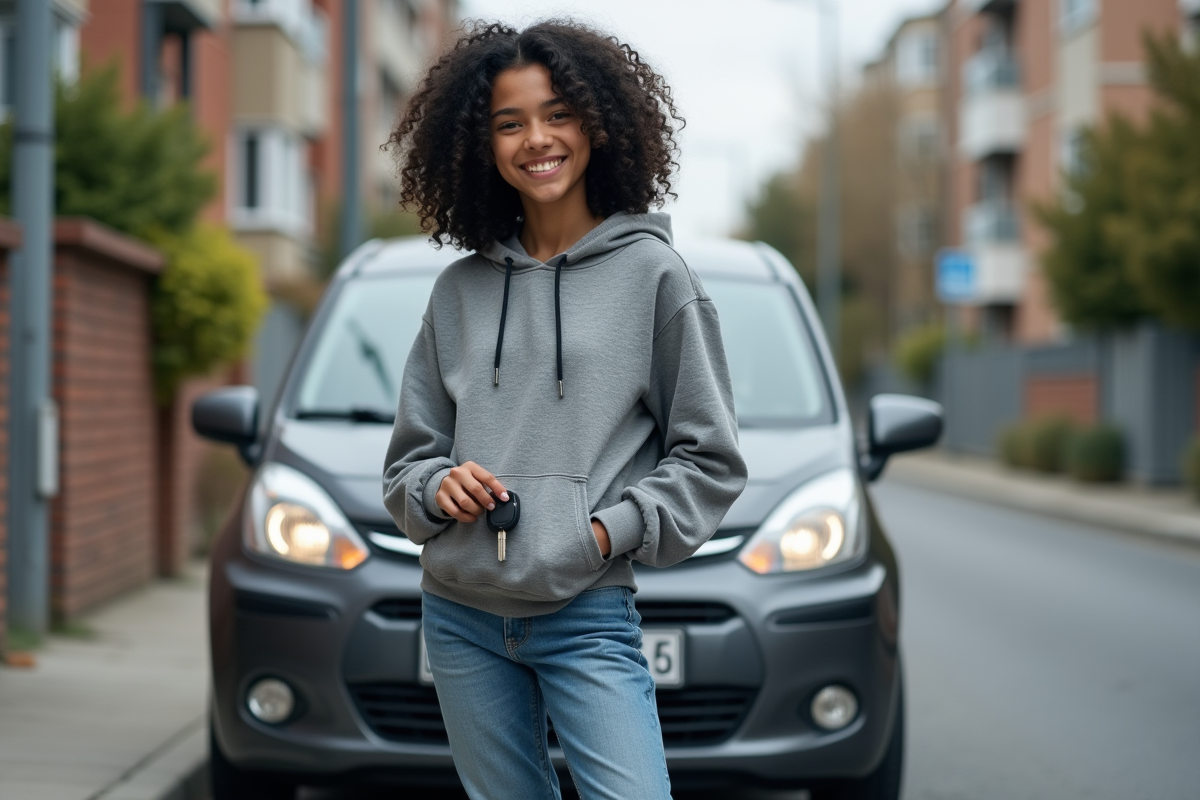 Jeune fille de 17 ans souriante avec clés de voiture devant une citadine