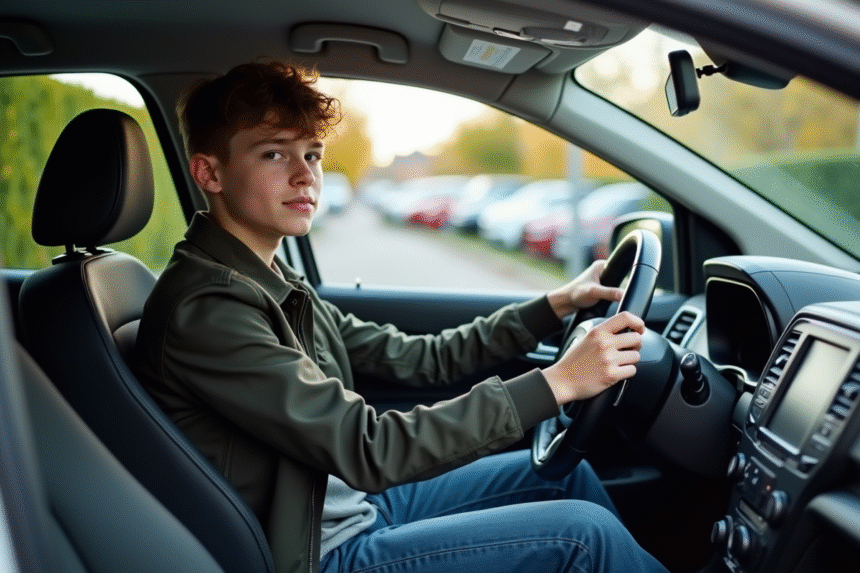 Jeune homme de 17 ans au volant d'une voiture moderne en extérieur