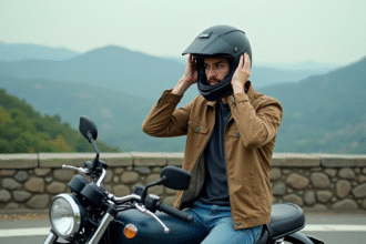Jeune homme ajustant son casque moto en pleine nature