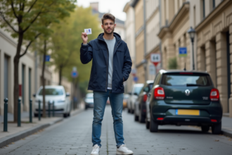 Jeune homme tenant son permis de conduire devant une voiture urbaine