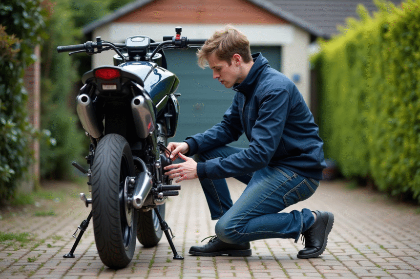 Jeune homme vérifiant la tension de la chaîne d'une moto