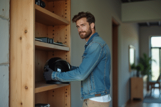Jeune homme posant son casque moto dans un appartement moderne
