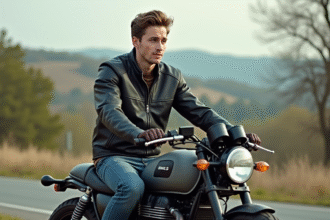 Jeune homme en moto dans la nature avec regard fier