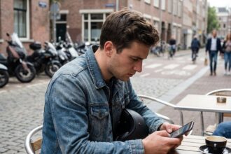 Jeune homme en ville compare assurance moto sur smartphone