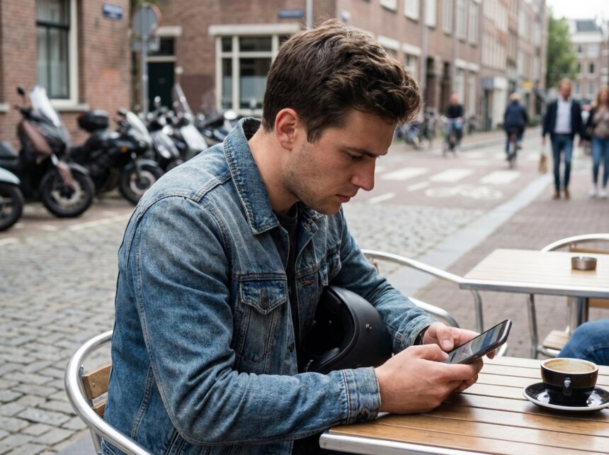 Jeune homme en ville compare assurance moto sur smartphone