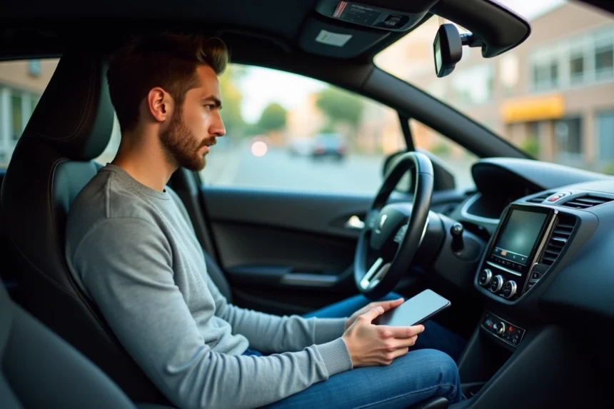 Jeune homme concentré dans une Peugeot 208 GTi avec tablette diagnostic