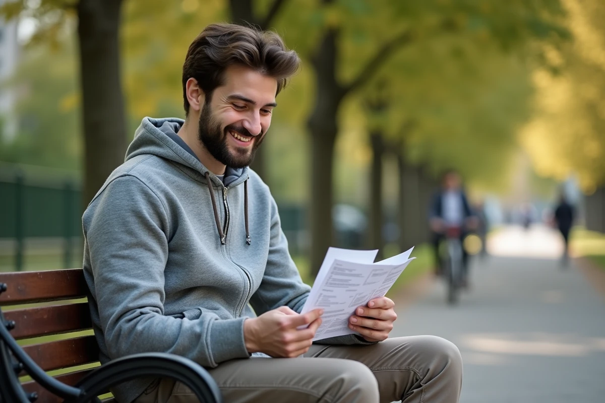 Jeune homme souriant révisant permis B en plein air