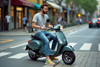 Jeune homme en Crocs assis sur un scooter en ville