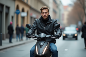 Jeune homme en scooter électrique dans la ville