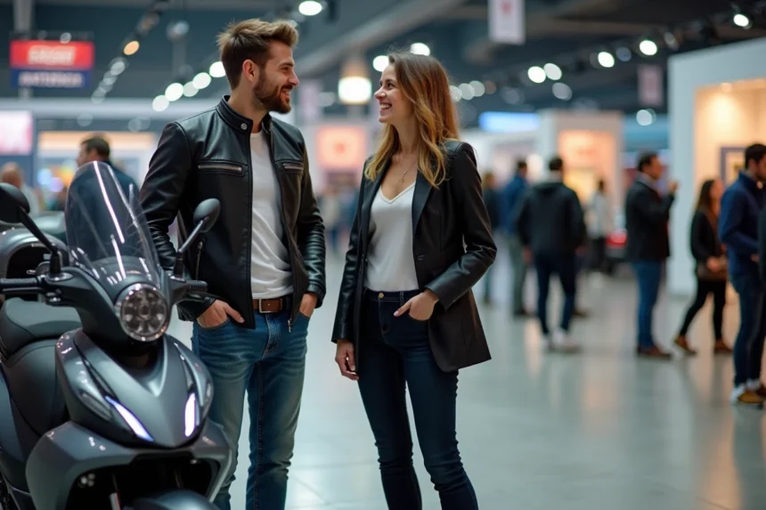 Jeune homme avec scooter futuriste lors d'une exposition