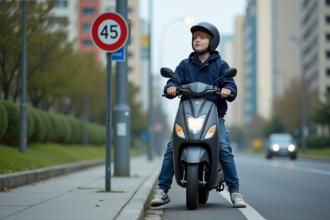 Jeune garçon en casque sur scooter en ville