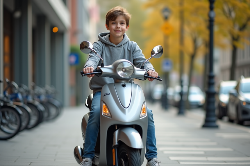Jeune garçon de 15 ans sur un scooter en ville