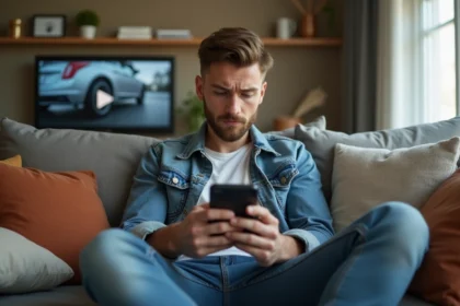 Jeune homme perplexe regardant son smartphone dans un salon