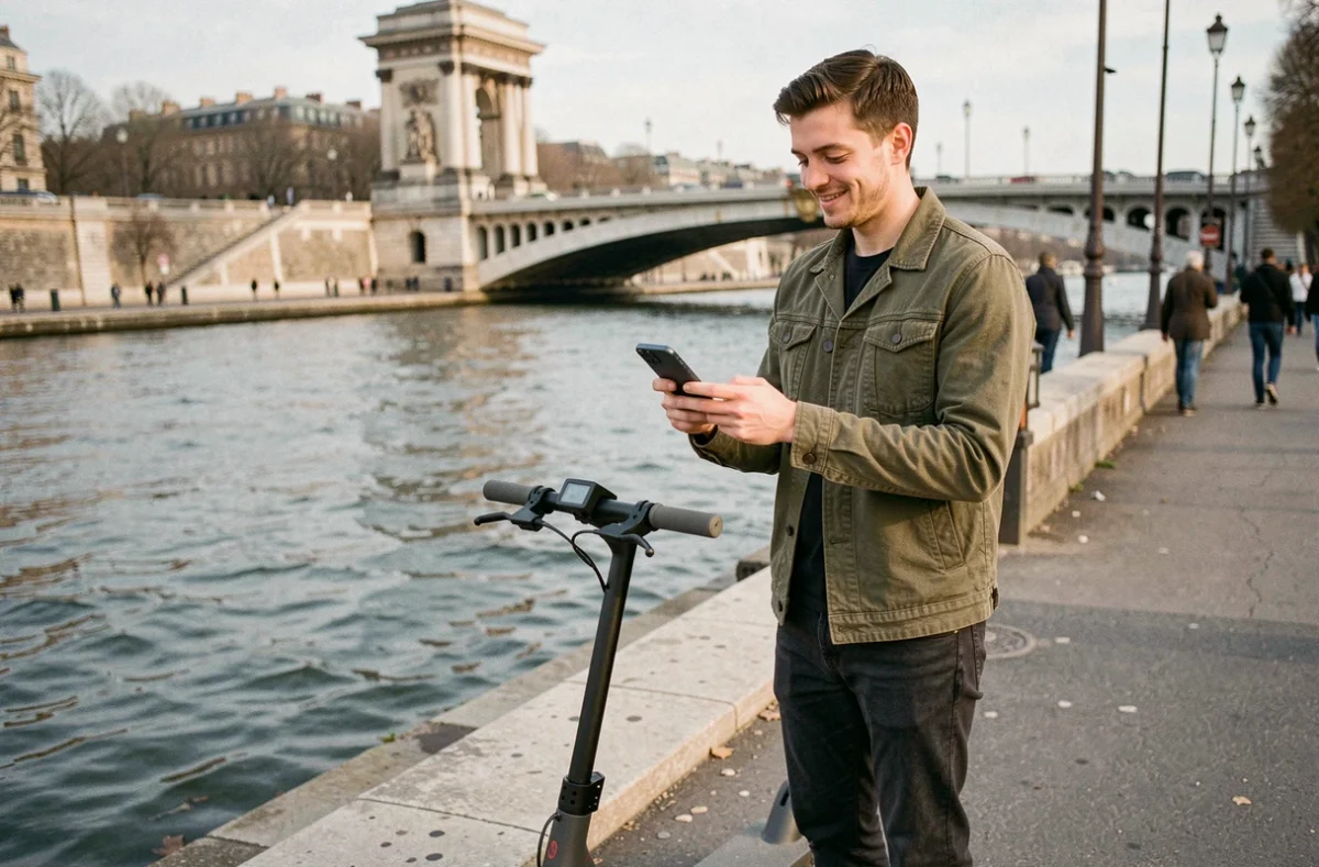Jeune homme utilisant une application de mobilité urbaine à côté d'une trottinette électrique sur les quais de Seine à Paris