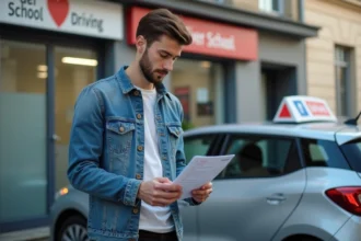 Jeune homme vérifiant une checklist de permis de conduire devant une voiture