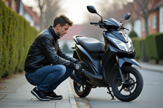 Jeune homme en moto répare une moto 125cc sur le trottoir