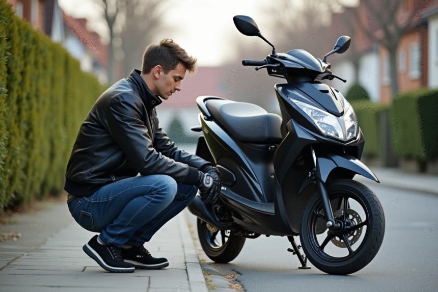 Jeune homme en moto répare une moto 125cc sur le trottoir