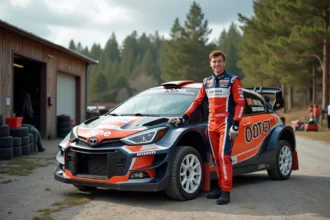 Jeune homme en combinaison rallye avec voiture compacte