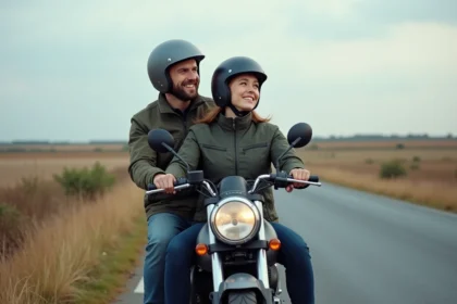 Jeune couple en casque et veste sur un scooter en campagne