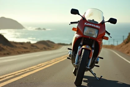 Kawasaki GPz900R réplique Top Gun garée sur une route côtière ensoleillée, vue 3/4 avec l'océan en arrière-plan flou